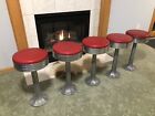 Vtg Diner Stools Lot (5) 13” Chrome Ice Cream Parlor 24” High Red Soda Fountain