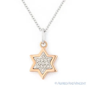 Colgante judaico oro blanco rosa 14k estrella de diamante de David Magen de 2 tonos 0,04 quilates - Imagen 1 de 1
