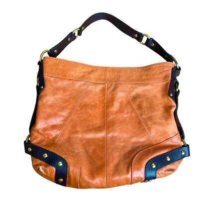 Tasche Leather Shoulder Hobo Bag Purse Orange Brown Boho Studded - Image 1 of 4