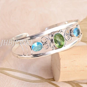 Green Peridot Cut & Blue Topaz Gemstone 925 Sterling Silver Cute Gift Bangle - Picture 1 of 4