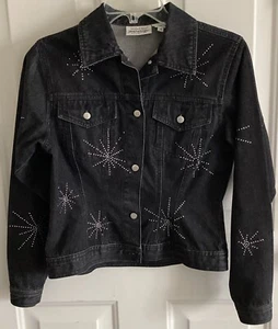 Newport News Jeanology BLACK Denim Jean Jacket Bedazzled Women’s Size 4 Button - Picture 1 of 9