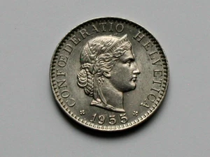 1955 SWITZERLAND Swiss Coin - 20 Rappen - AU toned-lustre - Picture 1 of 2