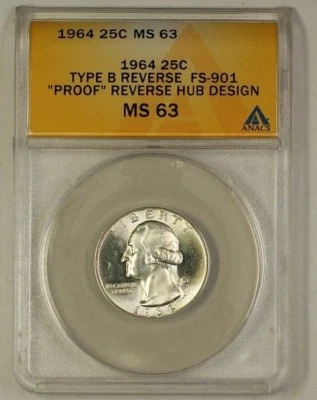 1964 Washington Silver Quarter Coin Type B Rev FS-901 PR Rev Design ANACS MS63 B - Image 1 of 2