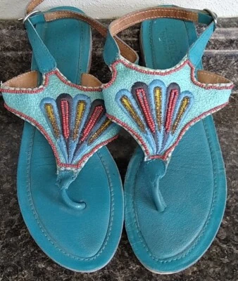 VTG 90's Women's 10 Teal Beaded Flip Flops with Ankle Straps- David Charles - Image 1 of 4