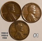 1932-D,1933-D-1933 LINCOLN WHEAT CENT F/ SET, 3 coins,as pictured#1,2or 3