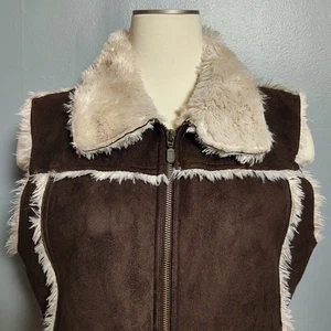 VTG Y2K Faded Glory Vest Faux Fur Lined Sueded Brown Women's Plus L (12/14) - Picture 1 of 17