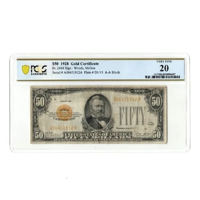 Certificado de oro de $50 de 1928 Fr 2404 graduación profesional VF20 Foto 1 de 2