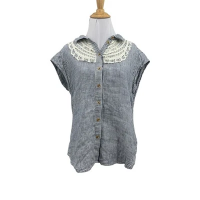Maeve Shirt Women S Small Multi Linen Pinstripe Button Up Crochet Bib Cap Sleeve - Image 1 of 4