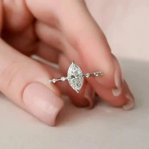 14K White Gold 1.20 Ct Marquise Cut Certified Lab Grown Diamond Wedding Ring - Picture 1 of 12