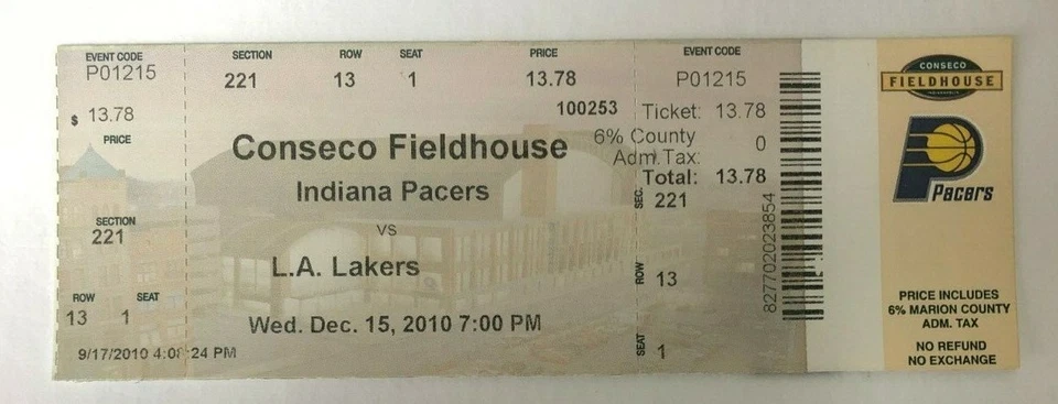 Boleto de Los Angeles Lakers at Indiana Pacers 2010 15/12/10 Kobe Bryant 31 puntos Foto 1 de 1