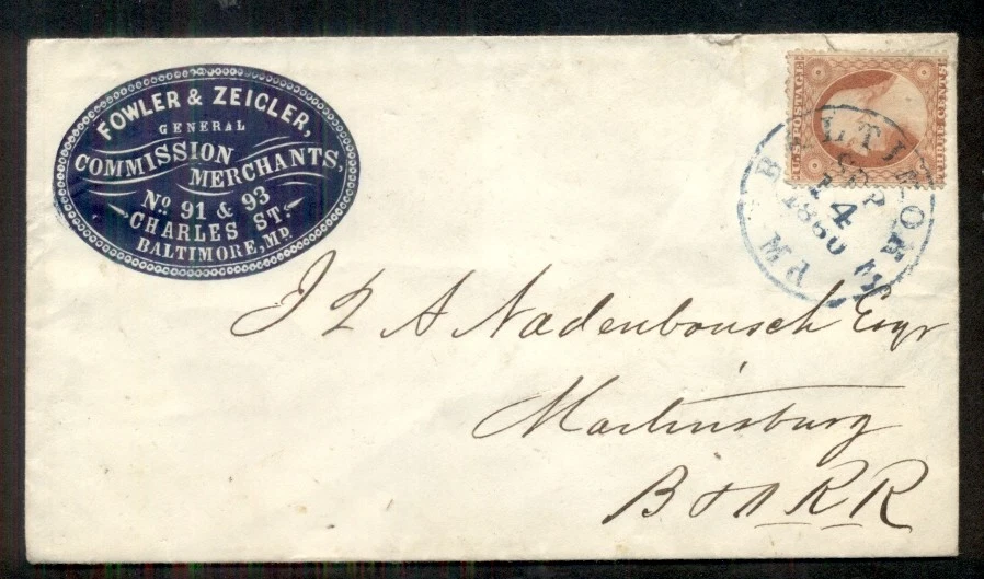 1860 FOWLER & ZEIGLER COMMISSION MERCHANTS, blue medallion ad, 3¢ tied BALTIMORE - Image 1 of 1