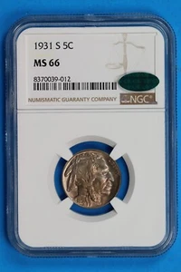1931-S 5C INDIAN HEAD BUFFALO NICKEL NGC MS66 CAC Early US Type COIN-009 - Picture 1 of 4