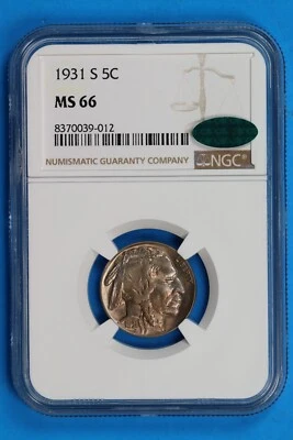 1931-S 5C INDIAN HEAD BUFFALO NICKEL NGC MS66 CAC Early US Type COIN-009 - Image 1 of 4