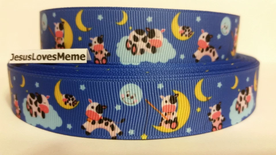 Grosgrain Ribbon Nursery Rhyme The Cow Jumped Over the Moon Clouds Stars, 7/8" - Image 1 of 1