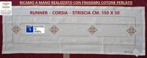 STRISCIA  CORSIA , LINO RICAMO A MANO  PUNTA D'AGO ECC. cm. 150 x 50 BEIGE - Picture 1 of 15