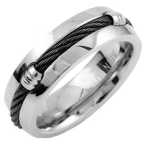 7mm Titanium Ring with Black Stainless Steel Cable and Comfort Fit - Picture 1 of 2