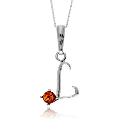 925 Argento Sterling & Vera Ambra Baltica Iniziali Alfabeto Lettere Ciondolo - Immagine 1 di 4