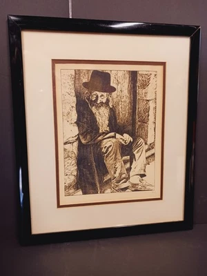 Etching Portrait of an Old Bearded Jewish Man Sitting On A Stoop - Image 1 of 4
