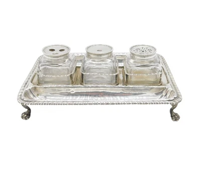 Soporte de escritorio de vidrio de tres piezas de plata esterlina Jorge III antiguo 1767 Londres Foto 1 de 4