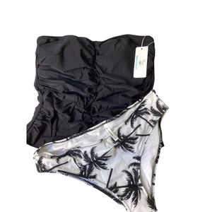 Beachsissi Schwarz Rüschen Trägerlos Schwimmen Top Palmen Print Bikinihose Set M - Bild 1 von 9