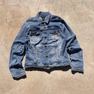Vintage Y2K Rocawear Women's Gold Embroidery Denim Blue Jean Jacket XL - Image 1 of 4