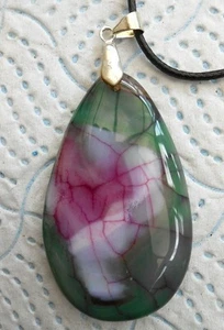Teardrop Agate Pendant 50mmx30mm Green + purple stripe on 18" black Cord - Picture 1 of 3