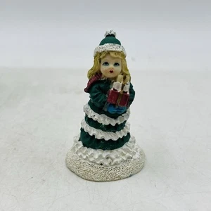Christmas Girl Figurine w/ Gift - Green Dress Holiday Home Decor Statue - Picture 1 of 7