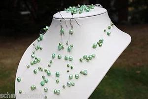 S8 Süßwasser Perlen Schmuckset Halskette Ohrringe Armband springgrün2 - Bild 1 von 1