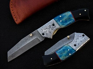 Handcrafted Custom made Damascus Steel Pocket Folding Knife with Leather Sheath - Picture 1 of 7