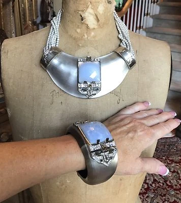 JUEGO DE COLLAR Y PULSERA ALEXIS BITTAR PLATA BLANCA LUCITA, PIEDRA AZUL, DECO Foto 1 de 4