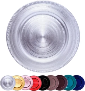 Metallic Silver Bead Charger Plates 13Inch, Set 10PCS Plastic round Charger Plat - Picture 1 of 7