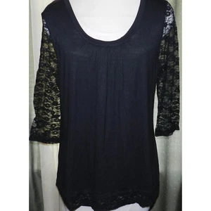 Lillie Lou size XL black stretch blend top lace sleeves & hemline round neckline - Picture 1 of 4