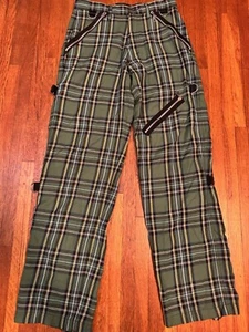 VTG Morbid Threads Y2K Goth Grudge Green Plaid Zipper Pockets Pants Mens 28x30 - Picture 1 of 13