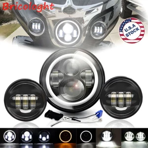 7" inch Halo LED Headlight DRL + 4.5" Fog Light Combo Kit For Harley Motorcycle - Picture 1 of 18