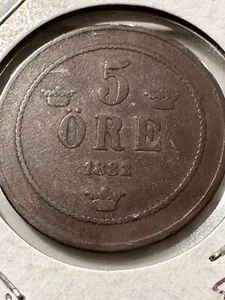1882/1 5 Ore Swedish Coin. Overdate. Low Mintage. - Picture 1 of 6