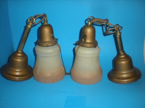 2 Antique Brass 12" Ceiling Pendant Fixtures & vtg Pair Art Deco Tassel Shades Cover