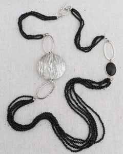 Large Sterling Silver Disc Long Black Onyx Stone Beaded Statement Necklace 39¾" - Picture 1 of 9