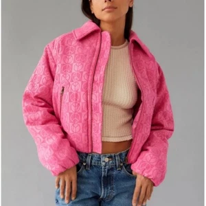 Urban Outfitters 90's Y2K Style Pink Peace Sign Puffy Bomber Jacket Coat L - Picture 1 of 7
