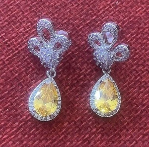 White Gold Filled Drop Dangle Earrings Citrine Sim Diamonds 35x17mm CRUISE BOXED - Picture 1 of 9