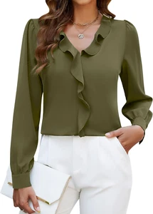 Womens Dressy Casual Blouse Business Long Sleeve Tops Ruffle V Neck Work Shirt F - Picture 1 of 12