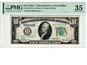 1928-A Dallas $10 Federal Reserve Note PMG 35 Choice VF Redeemable in Gold - Picture 1 of 2