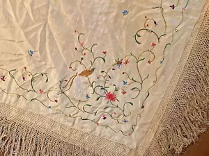 Antique Silk Embroidered Fringed Canton Piano Shawl Floral Textile Handmade 84" - Picture 1 of 24