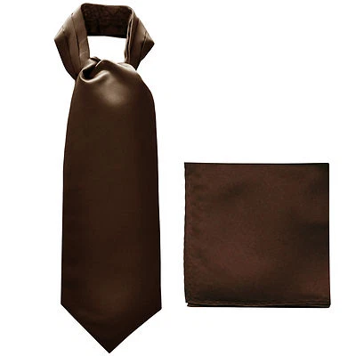 New polyester solid men's full ASCOT cravat necktie set wedding prom Brown - Image 1 of 3