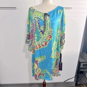 Hale Bob Gr. S Seide eklektisch blau Kleid knielang Resortwear Küstenkaftan - Bild 1 von 12