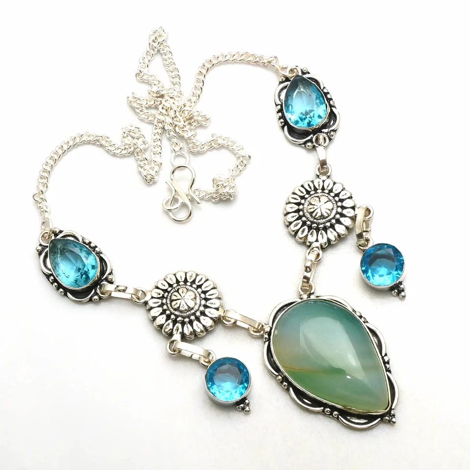 Botswana Agate Blue Topaz Gemstone Handmade Necklace Jewelry 20 Gms AN 12031 - Image 1 of 1