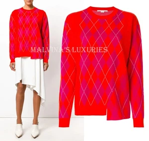 STELLA MCCARTNEY SWEATER RED HOT PINK WOOL ARGYLE PRINT TOP $985 IT 44 US 8 - 10 - Picture 1 of 16