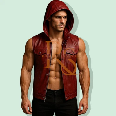 Men's Red Handmade Leather Vest With Hood Festival Wear Vest In Lambskin Leather - Image 1 of 3