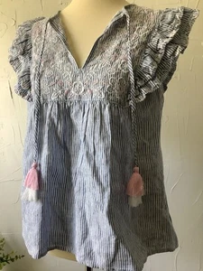 Crown & Ivy Baby Doll Top (S) Blue Striped Linen, Embroidered, Tassels NWT - Picture 1 of 18