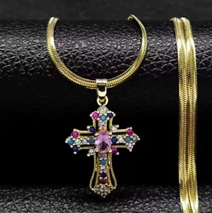 Vintage Shiny Zircon Jesus Cross Religious Amulet Necklace Clavicle Snake Chain - Picture 1 of 14