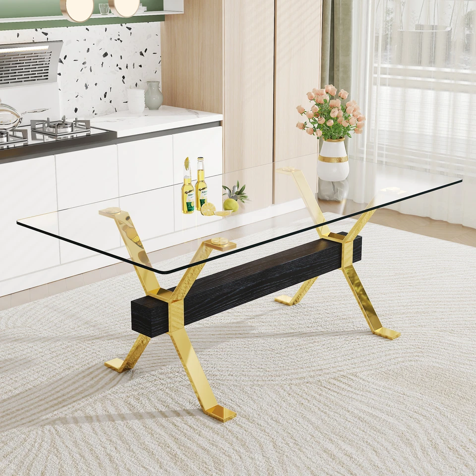 Mesa de comedor grande moderna rectangular de vidrio templado 79""x39"" patas de metal dorado 1 Foto 1 de 1